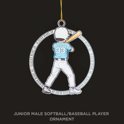 Ornament of a junior male softball/baseball player in a batting stance on a black background.