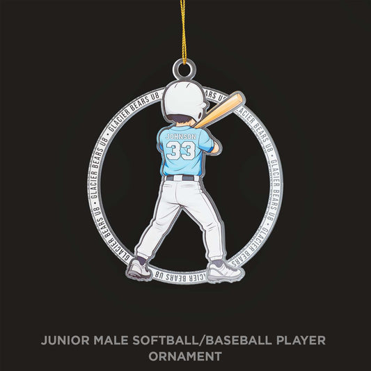 Ornament of a junior male softball/baseball player in a batting stance on a black background.