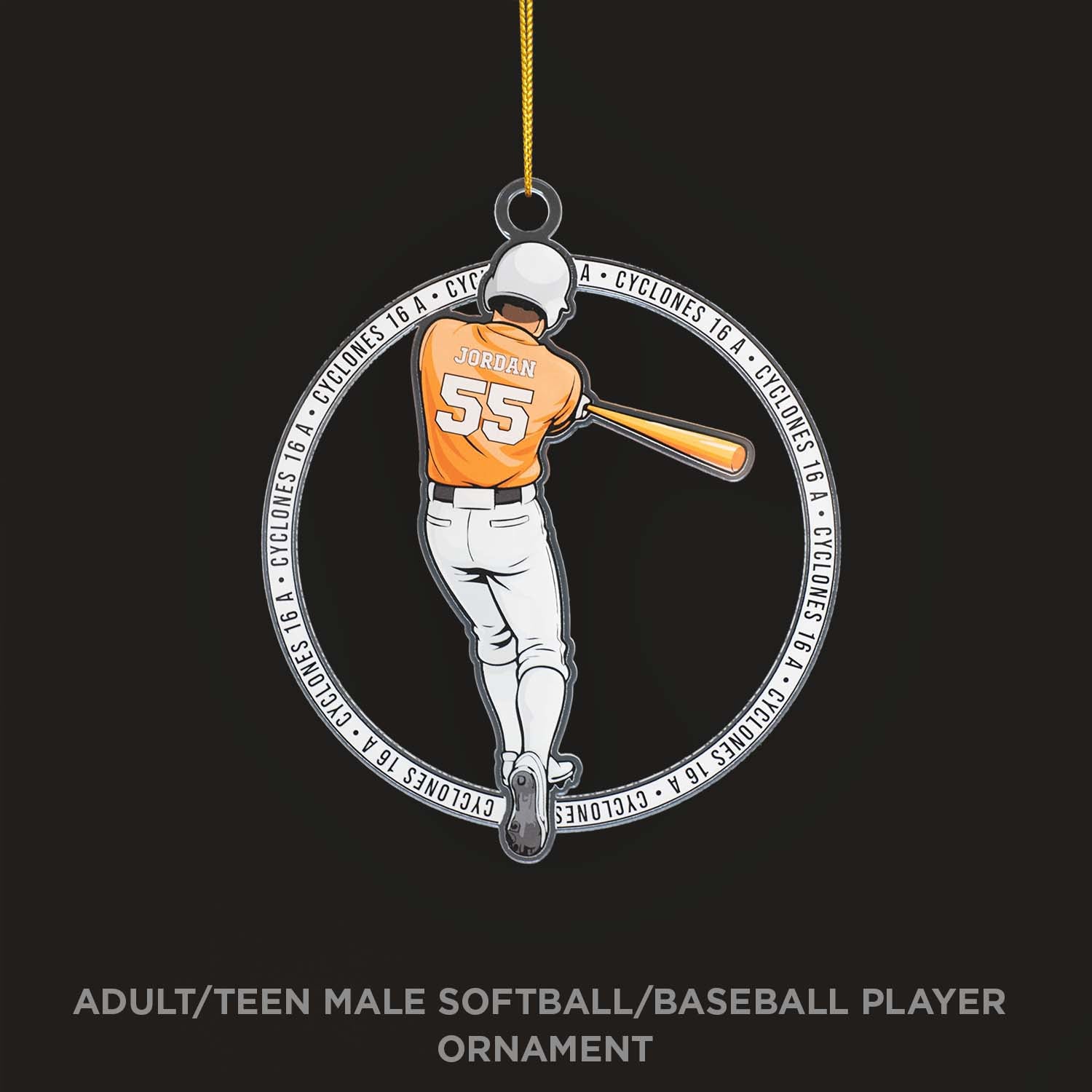 Decorative ornament of a baseball player in an orange uniform with the number 55, on a black background.