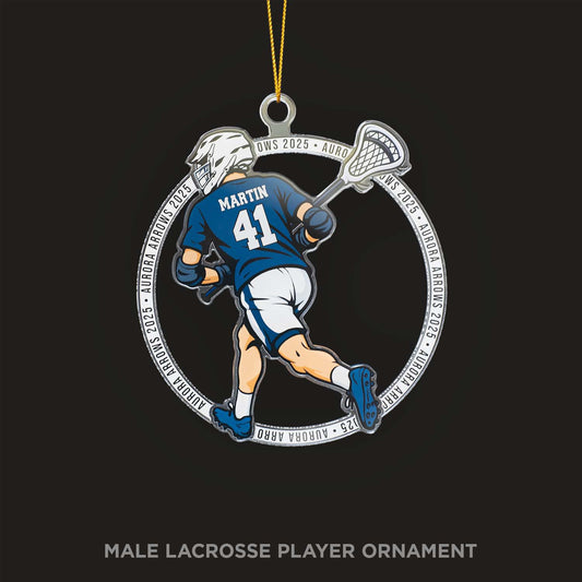 Ornament featuring a lacrosse player in action with personalized text on a dark background
