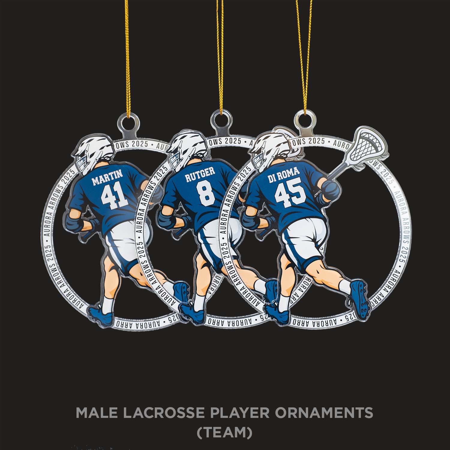Three lacrosse player ornaments with names and numbers on a black background