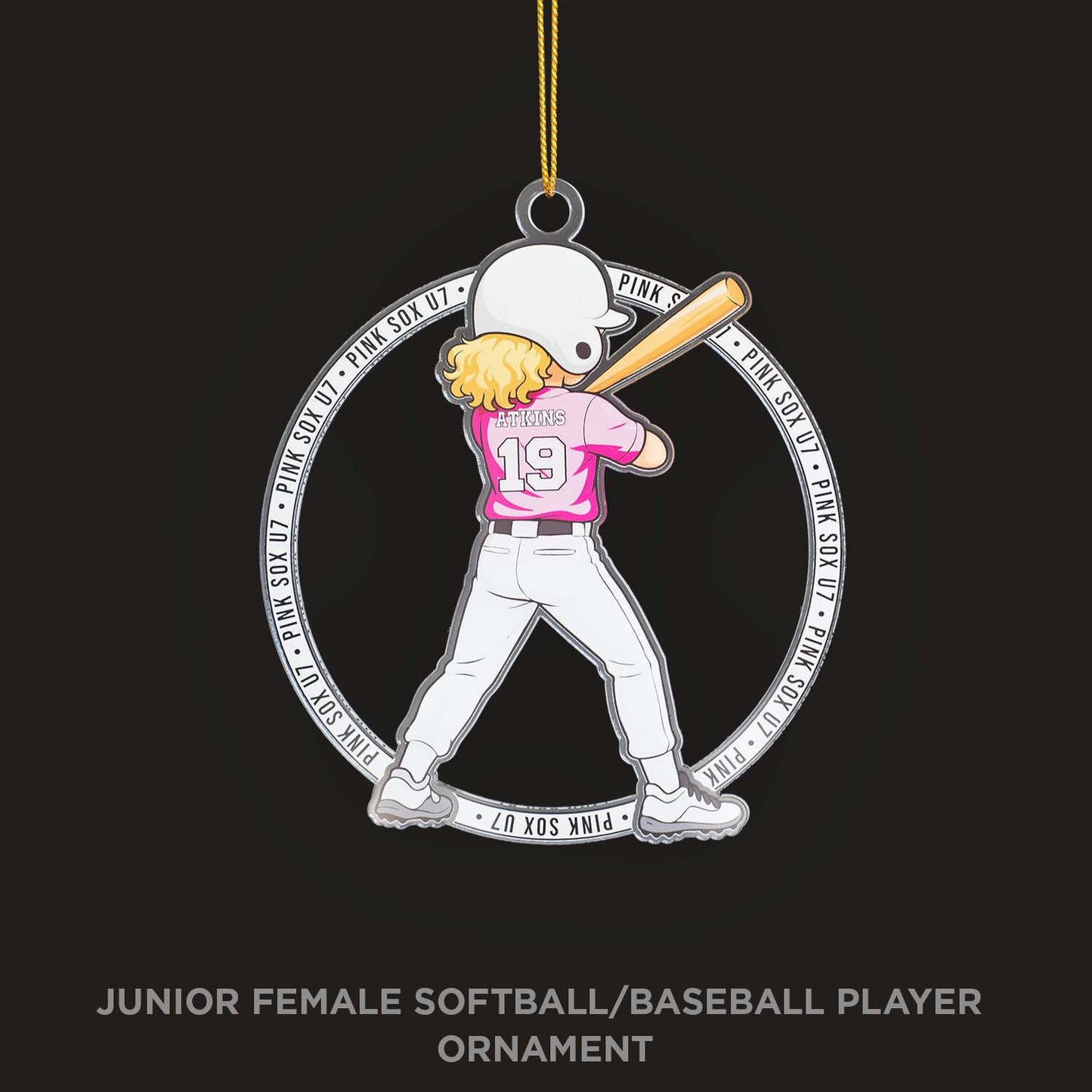 Ornament featuring a junior female softball/baseball player in a pink uniform with number 19, on a black background.