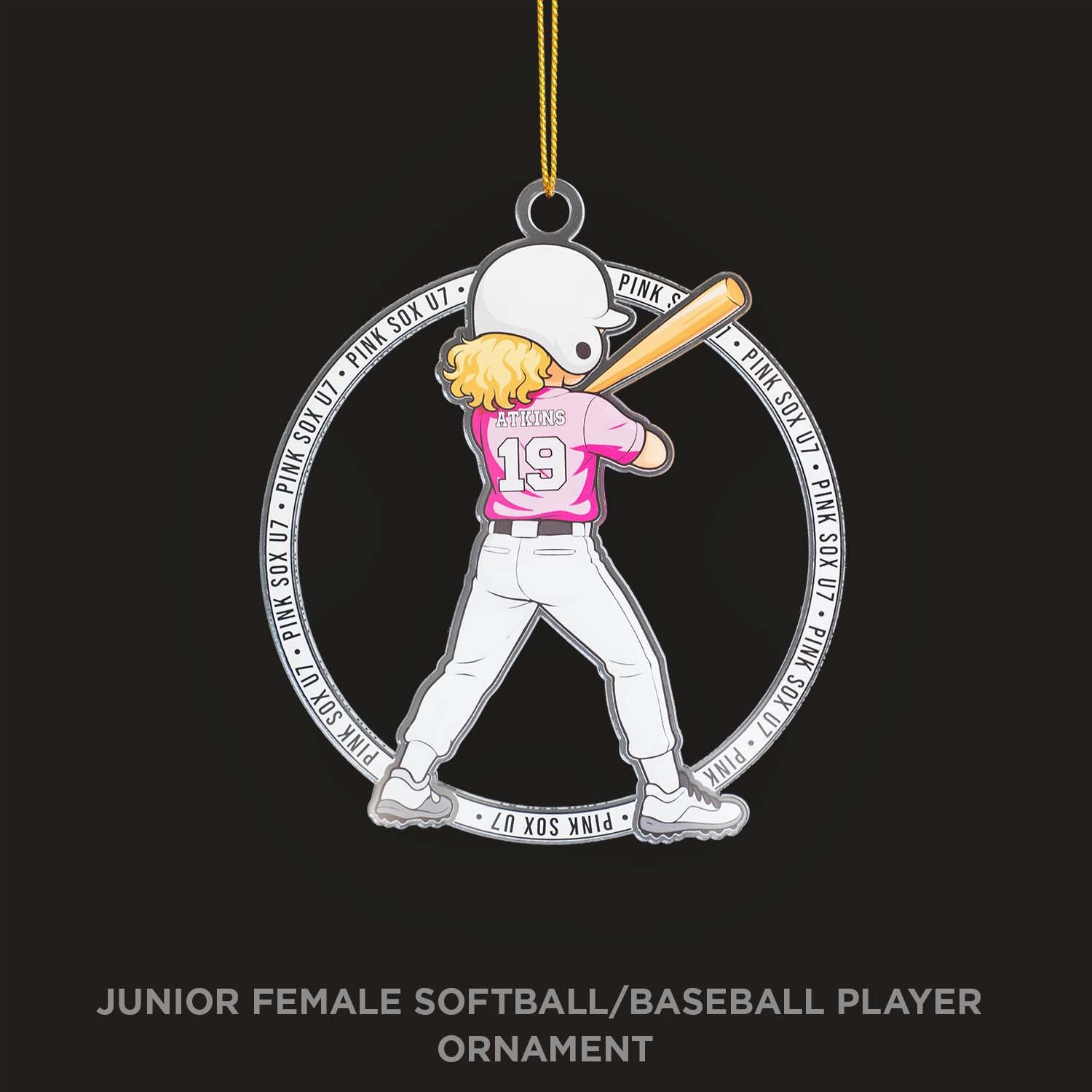 Ornament featuring a junior female softball/baseball player in a pink uniform with number 19, on a black background.