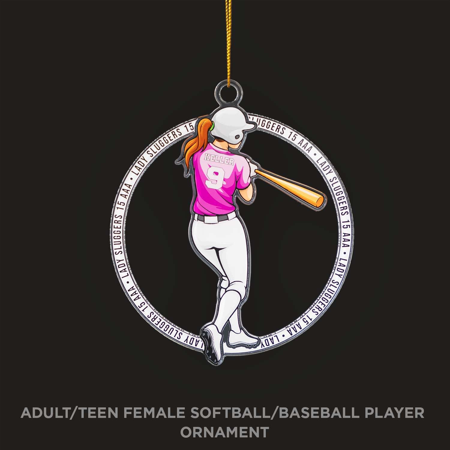 Decorative ornament featuring a female softball player in a circular frame with text.