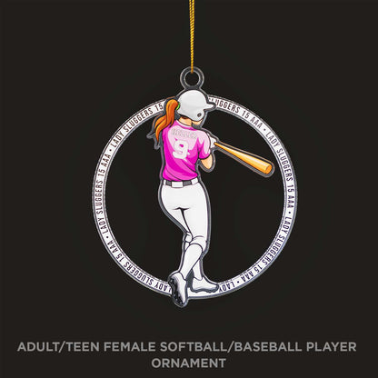 Decorative ornament featuring a female softball player in a circular frame with text.