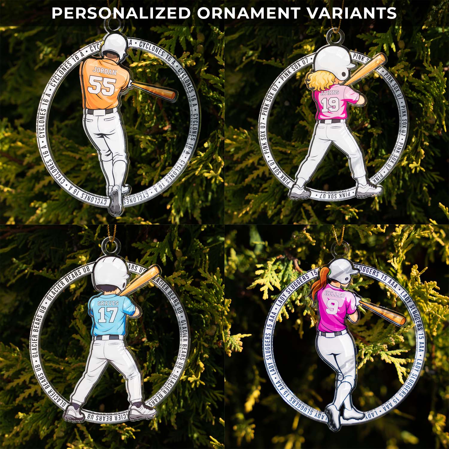 Four personalized ornament variants featuring baseball players on a green tree background.