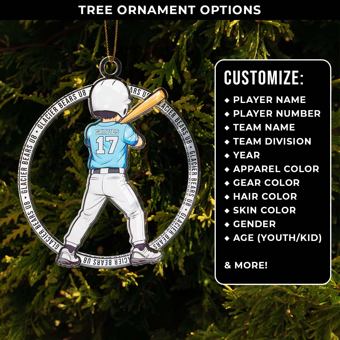 Baseball player ornament with customizable options on a green tree background