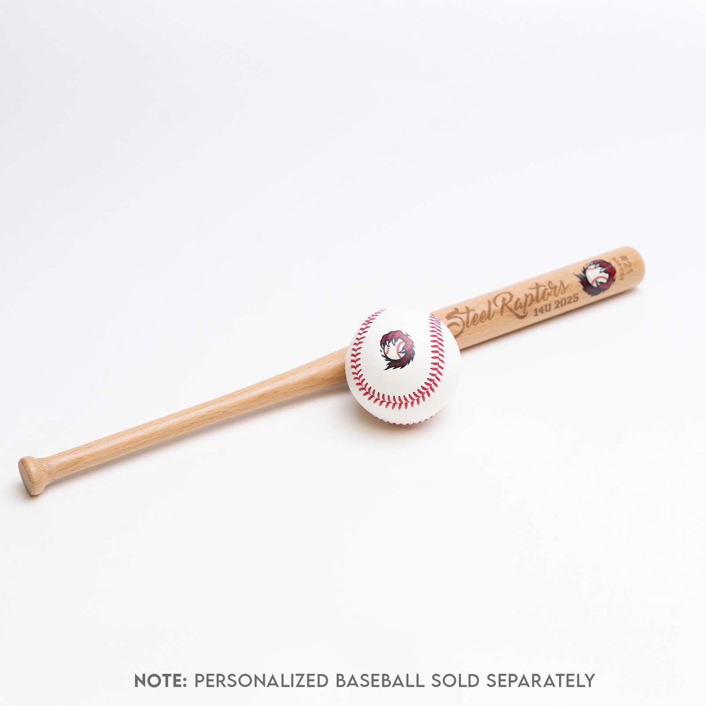 Personalized baseball bat and baseball on a white background with text indicating personalized baseball sold separately.