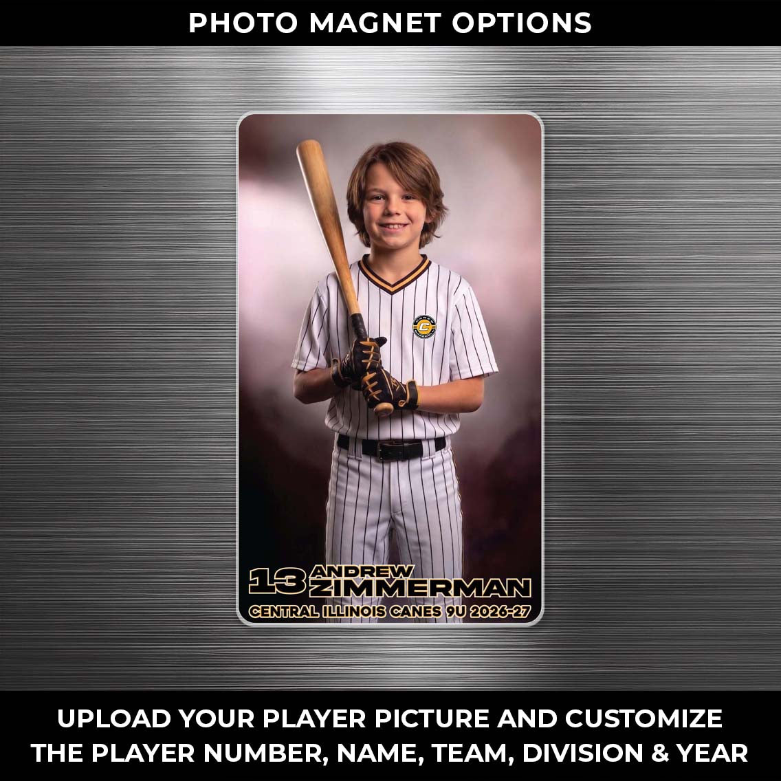Baseball player in uniform holding a bat on a metallic background with text overlay.