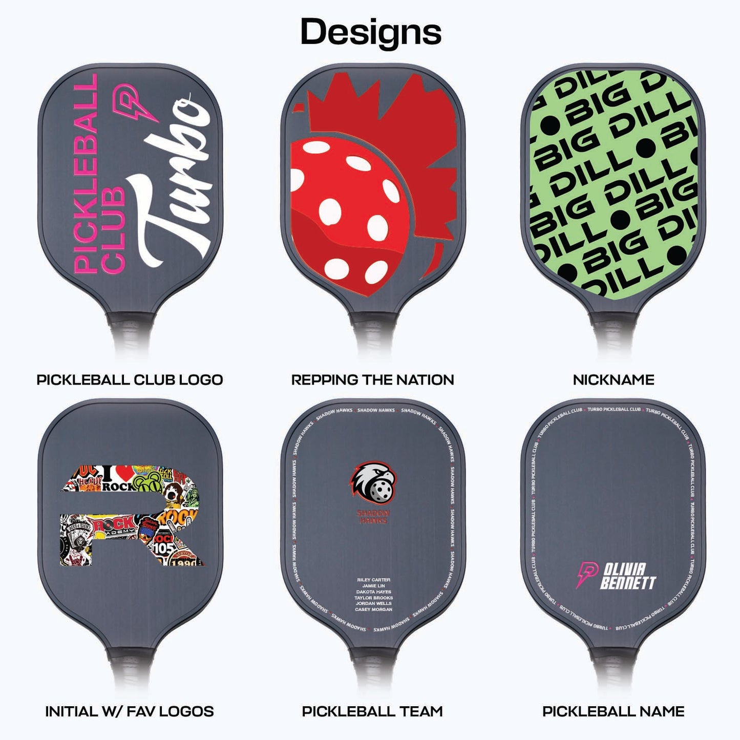 Collection of pickleball paddles with various designs and text on a white background