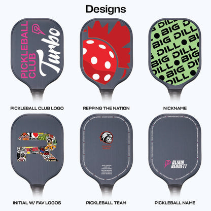 Collection of pickleball paddles with various designs and text on a white background