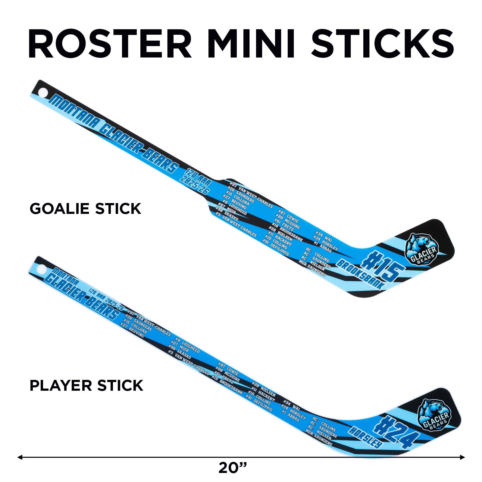 Two hockey sticks labeled 'Goalie Stick' and 'Player Stick' with a measurement of 20 inches on a white background.