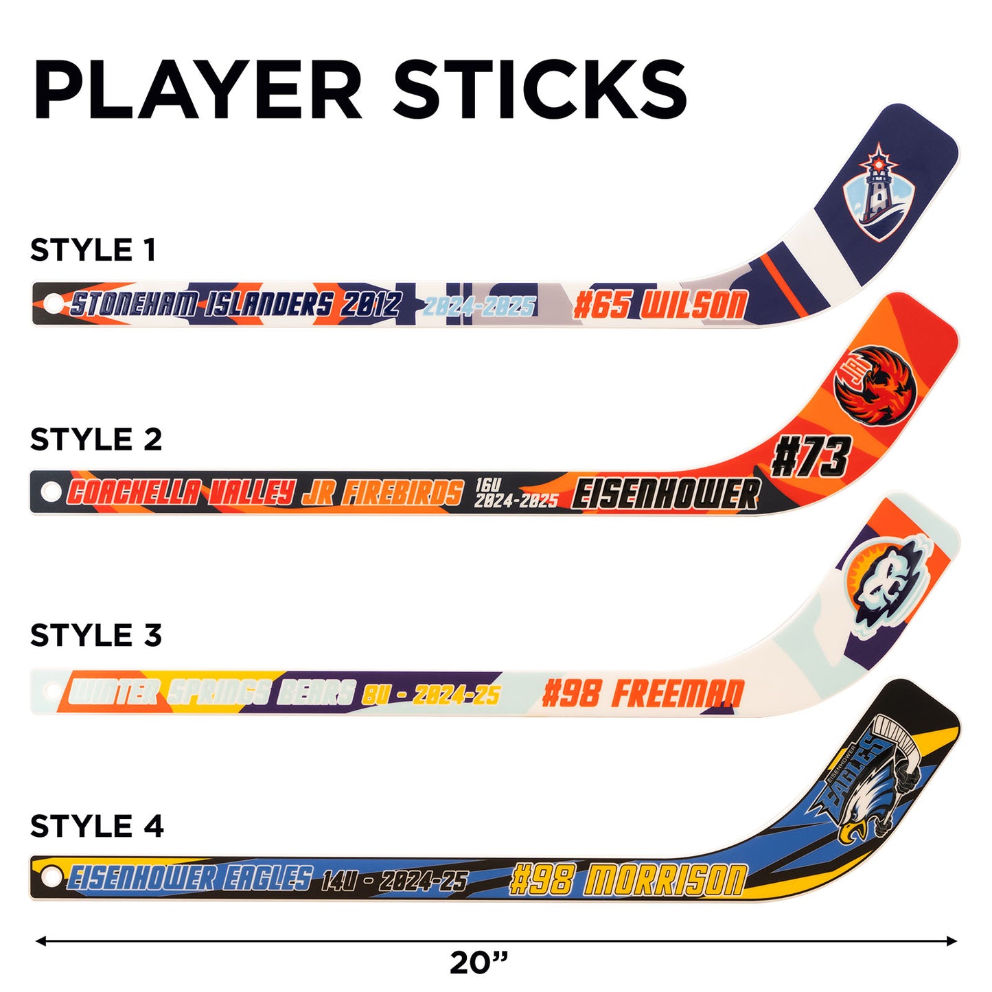 Player mini hockey sticks with team logo, name and number