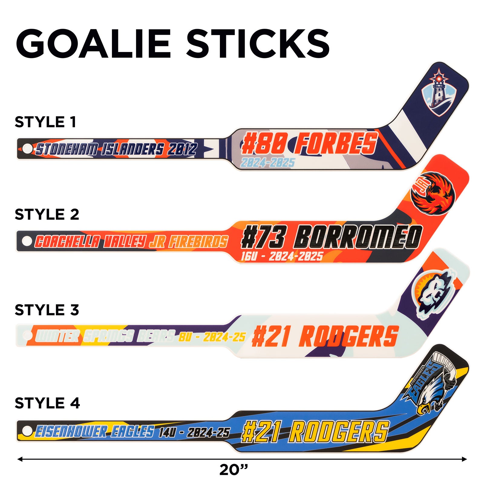 best goalie mini hockey sticks with team logo, number and name
