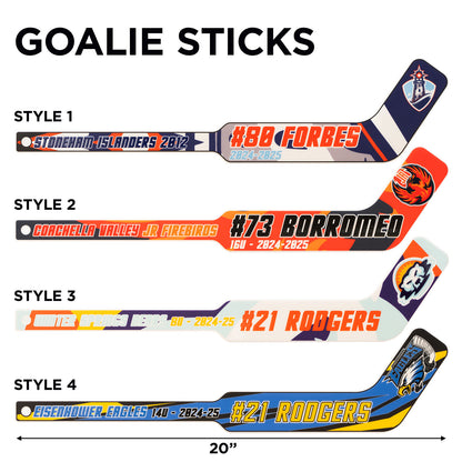 best goalie mini hockey sticks with team logo, number and name